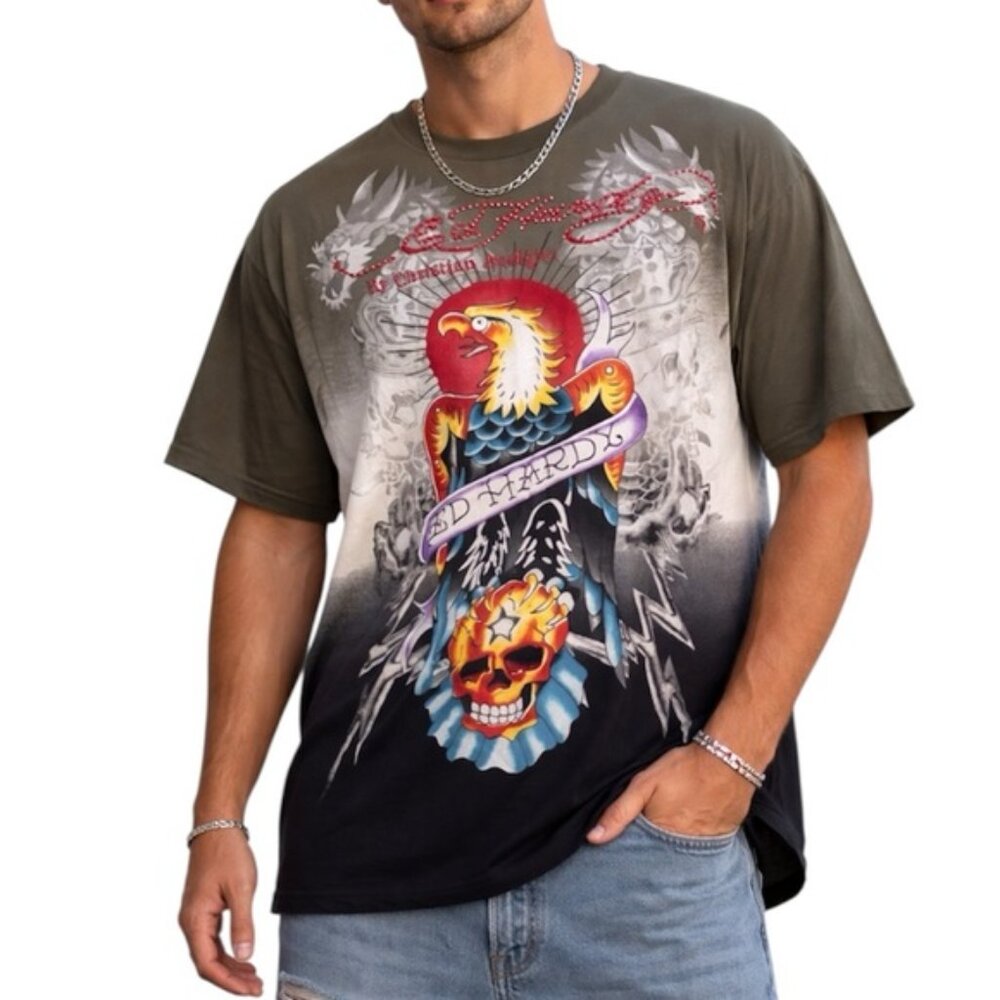 Vintage Ed Hardy Christian Audigier Tiger All Over Print Tshirt Y2K XL 💀🌹✨